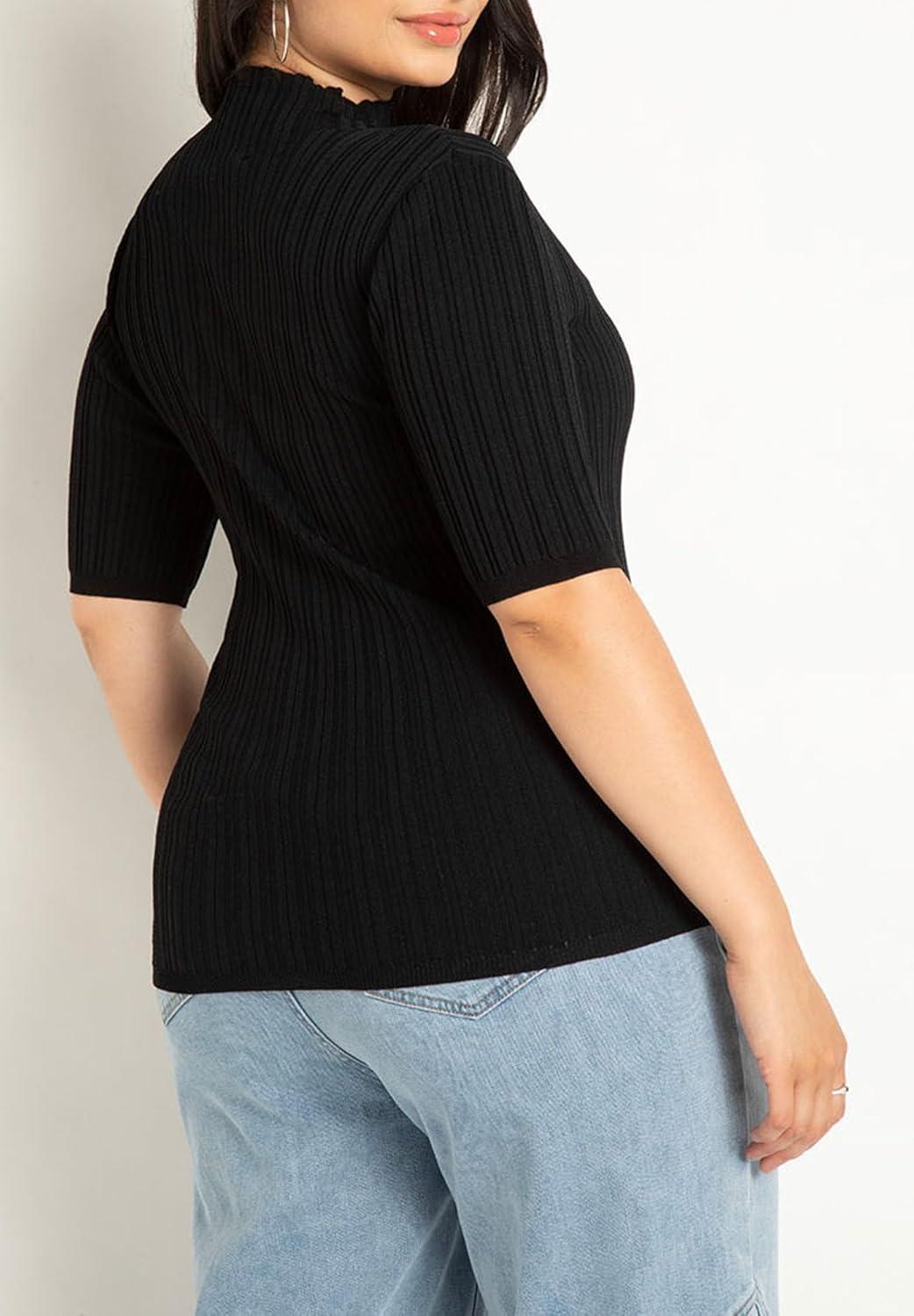 imageELOQUII Womens Plus Size Sleek Funnel Neck Elbow Sleeve SweaterNaval Blue