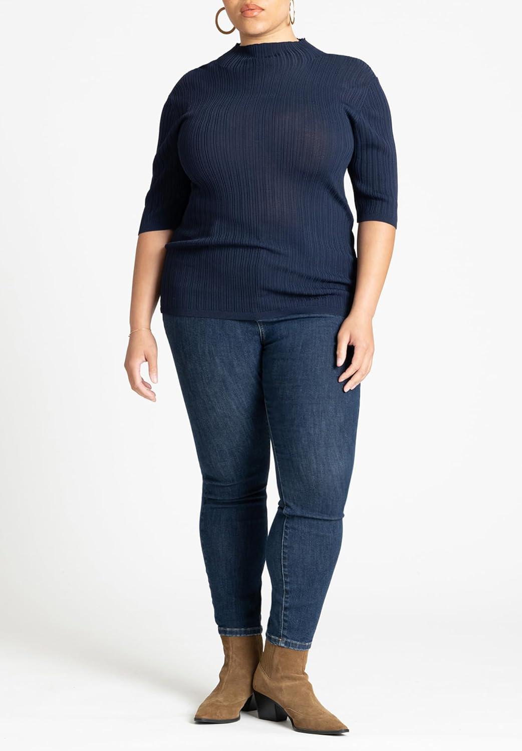 imageELOQUII Womens Plus Size Sleek Funnel Neck Elbow Sleeve SweaterNaval Blue
