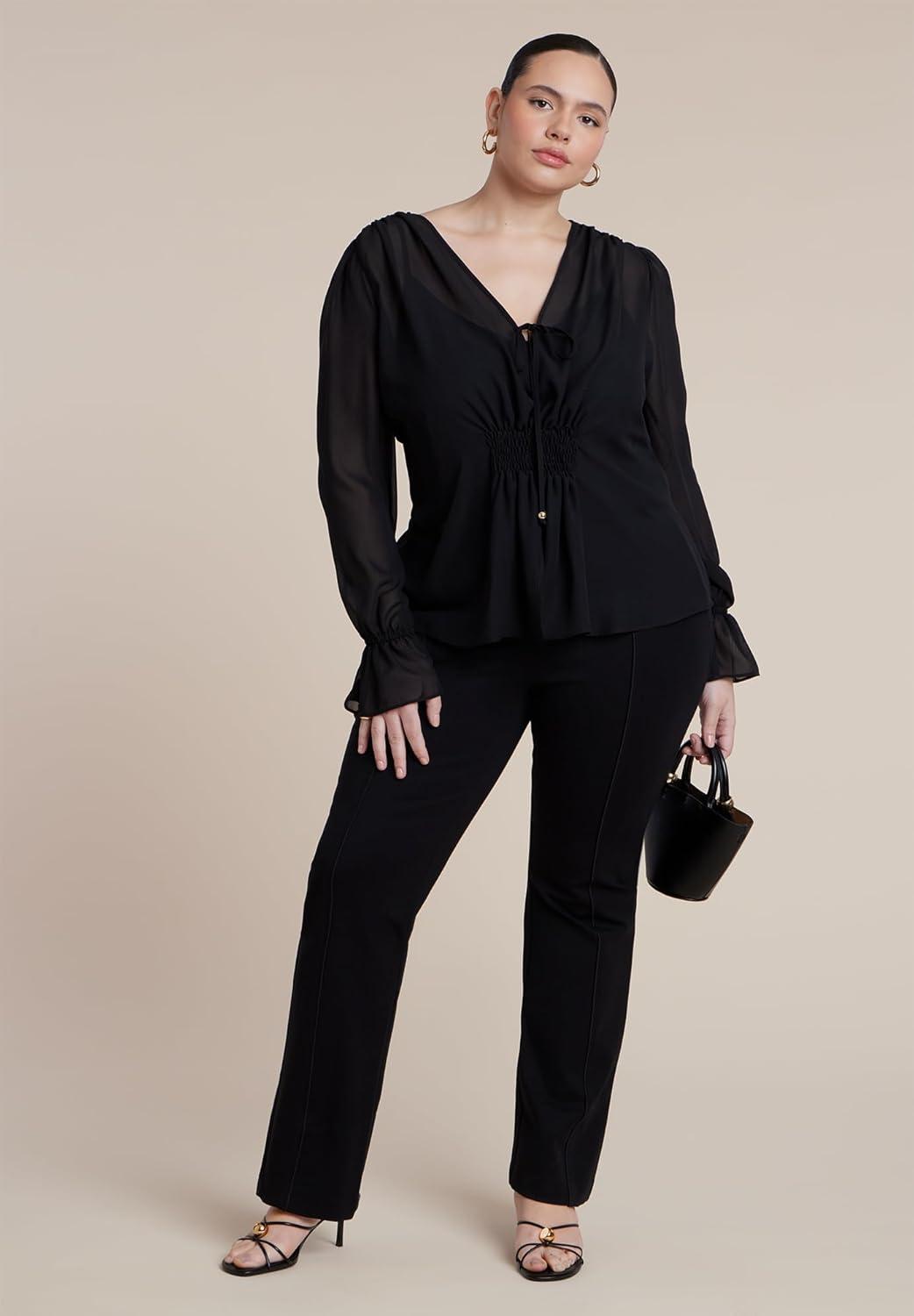 imageELOQUII Womens Plus Size Smocked Sheer BlouseBlack Onyx