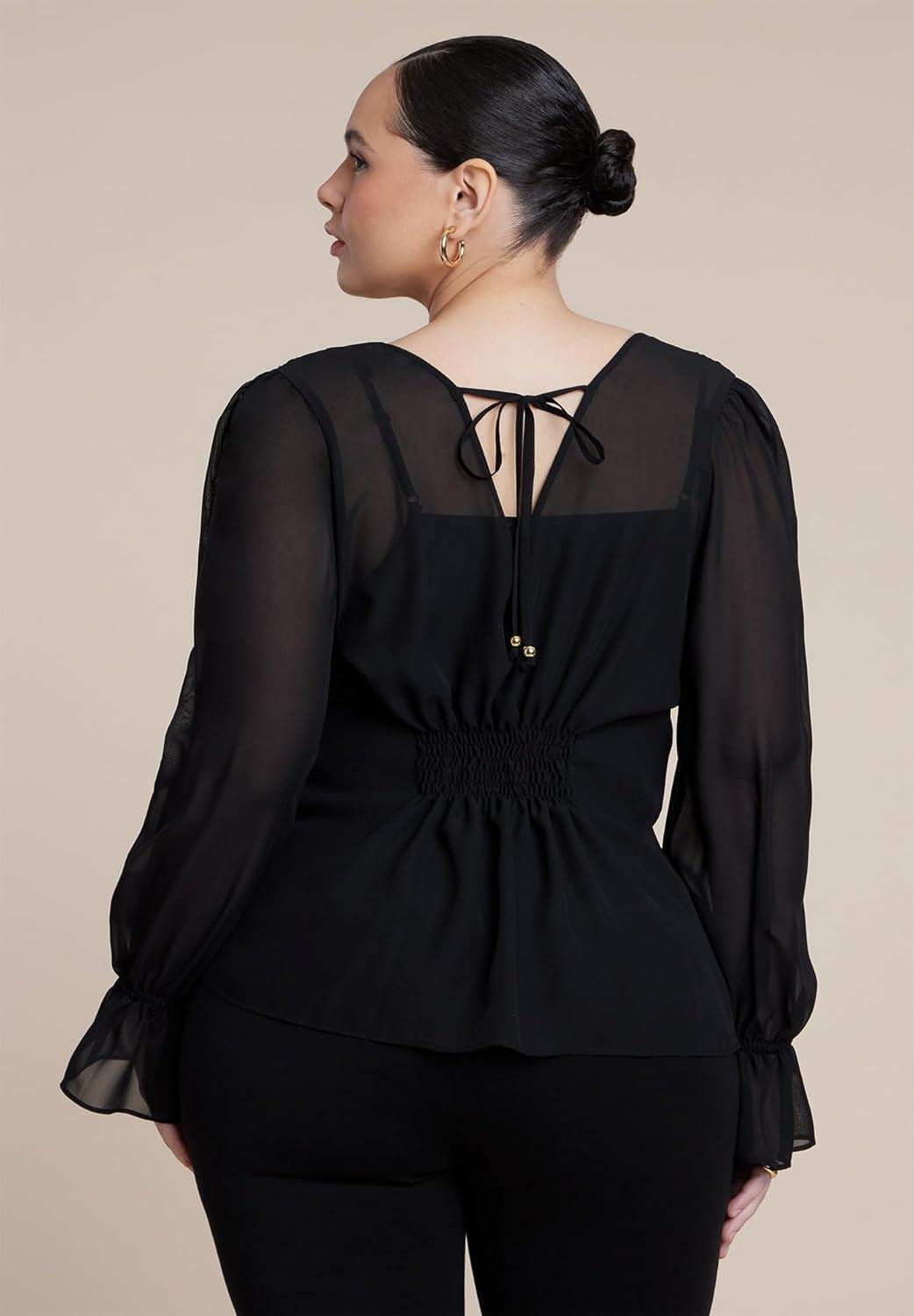 imageELOQUII Womens Plus Size Smocked Sheer BlouseBlack Onyx