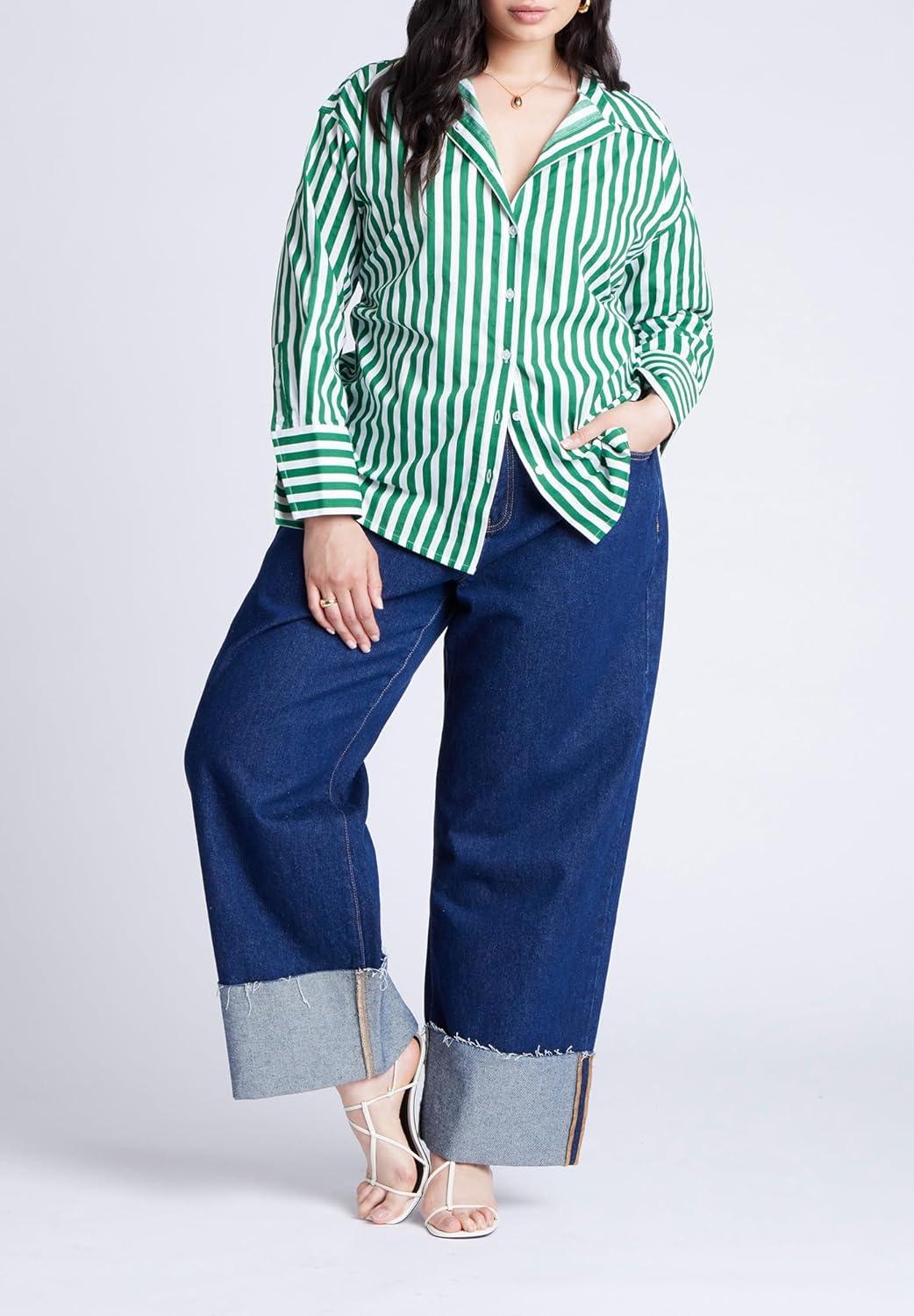 imageELOQUII Womens Plus Size Striped Tie Back Button Up TopGreen and White Stripe