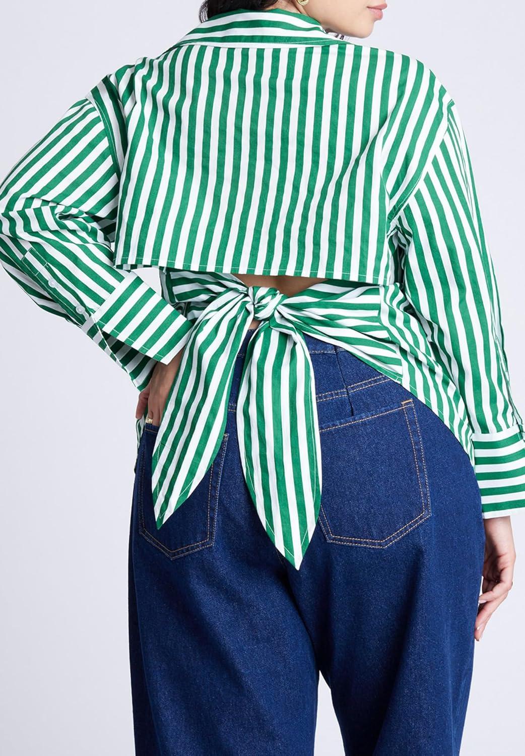 imageELOQUII Womens Plus Size Striped Tie Back Button Up TopGreen and White Stripe