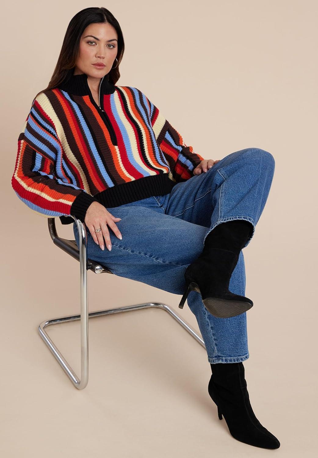 imageELOQUII Womens Plus Size Striped Zipper Front PulloverRainbow Stripe