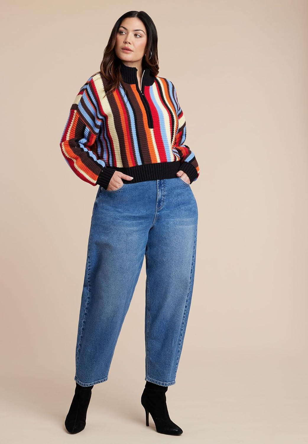 imageELOQUII Womens Plus Size Striped Zipper Front PulloverRainbow Stripe
