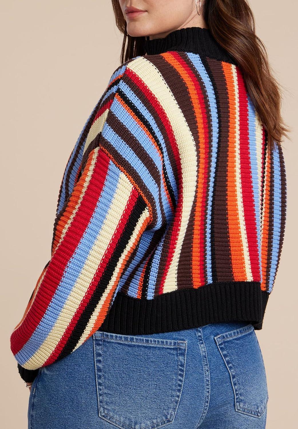 imageELOQUII Womens Plus Size Striped Zipper Front PulloverRainbow Stripe