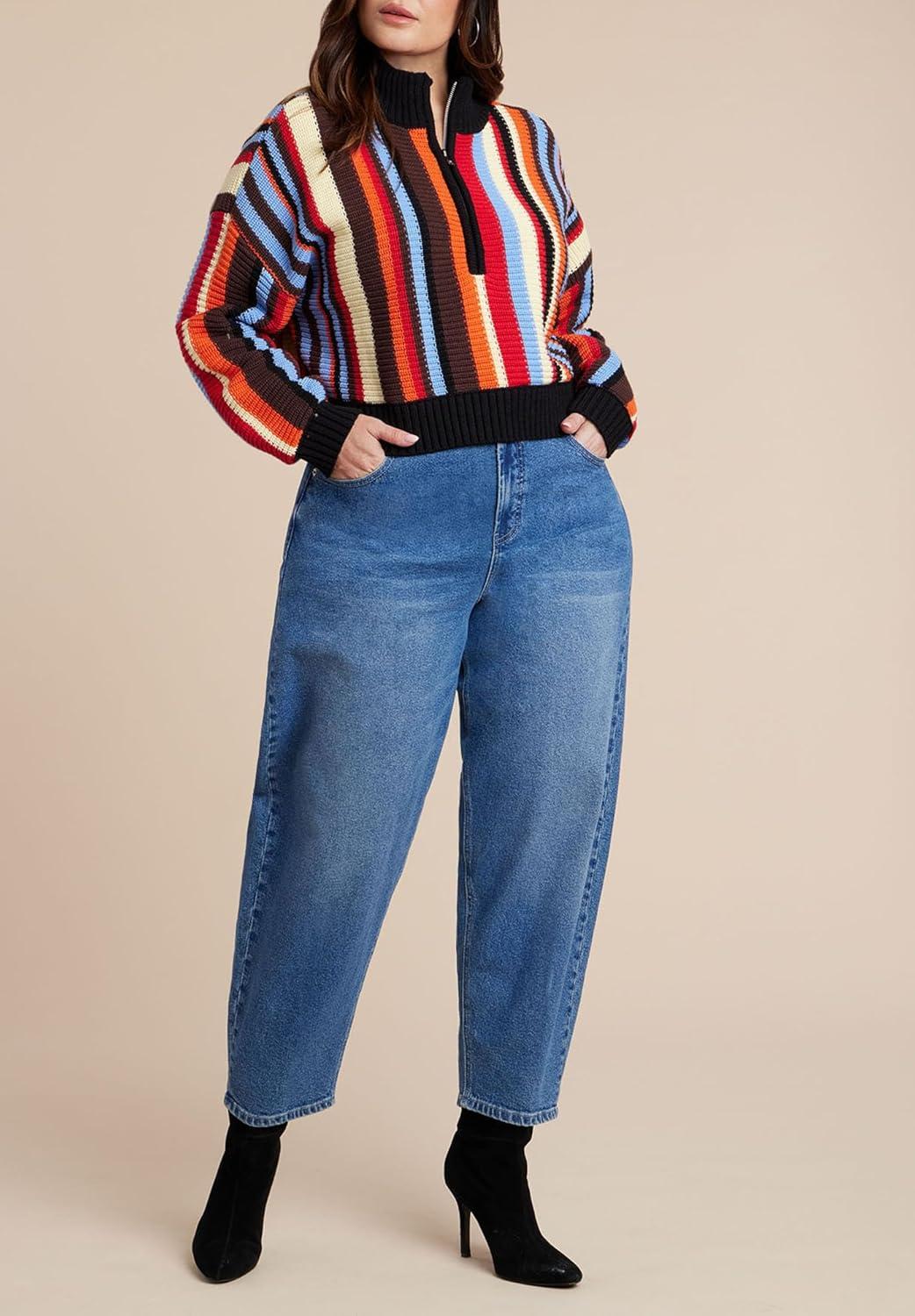 imageELOQUII Womens Plus Size Striped Zipper Front PulloverRainbow Stripe