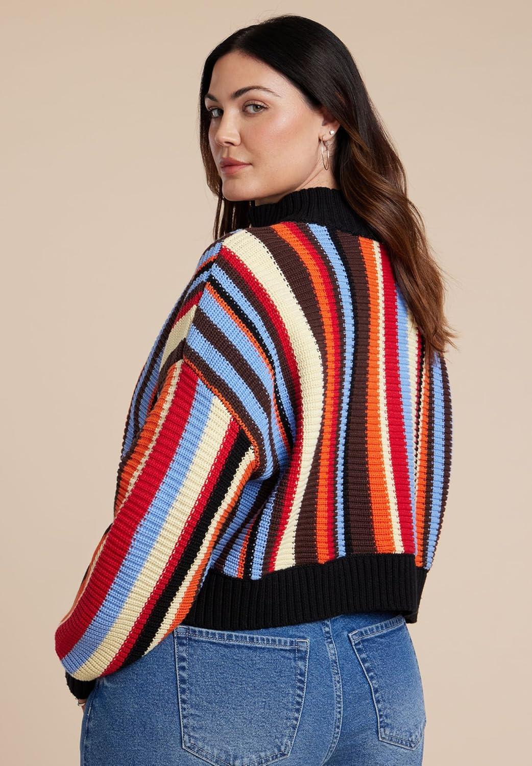 imageELOQUII Womens Plus Size Striped Zipper Front PulloverRainbow Stripe