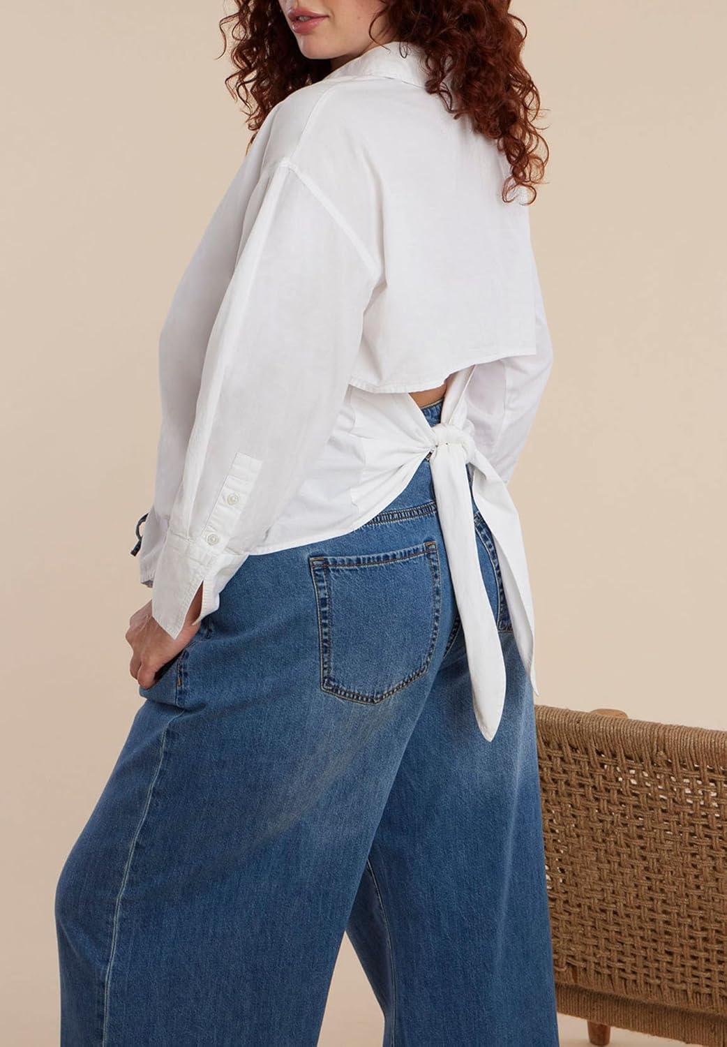 imageELOQUII Womens Plus Size Tie Back Button Up TopBright White