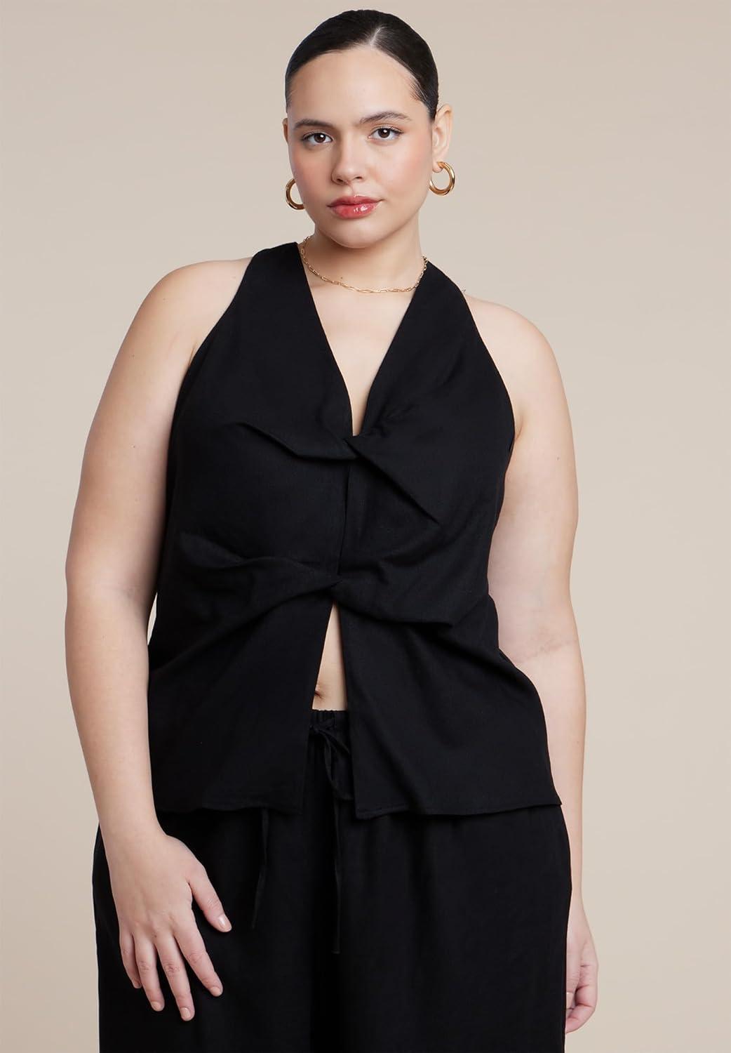 imageELOQUII Womens Plus Size Twisted Linen Halter TopBlack Onyx