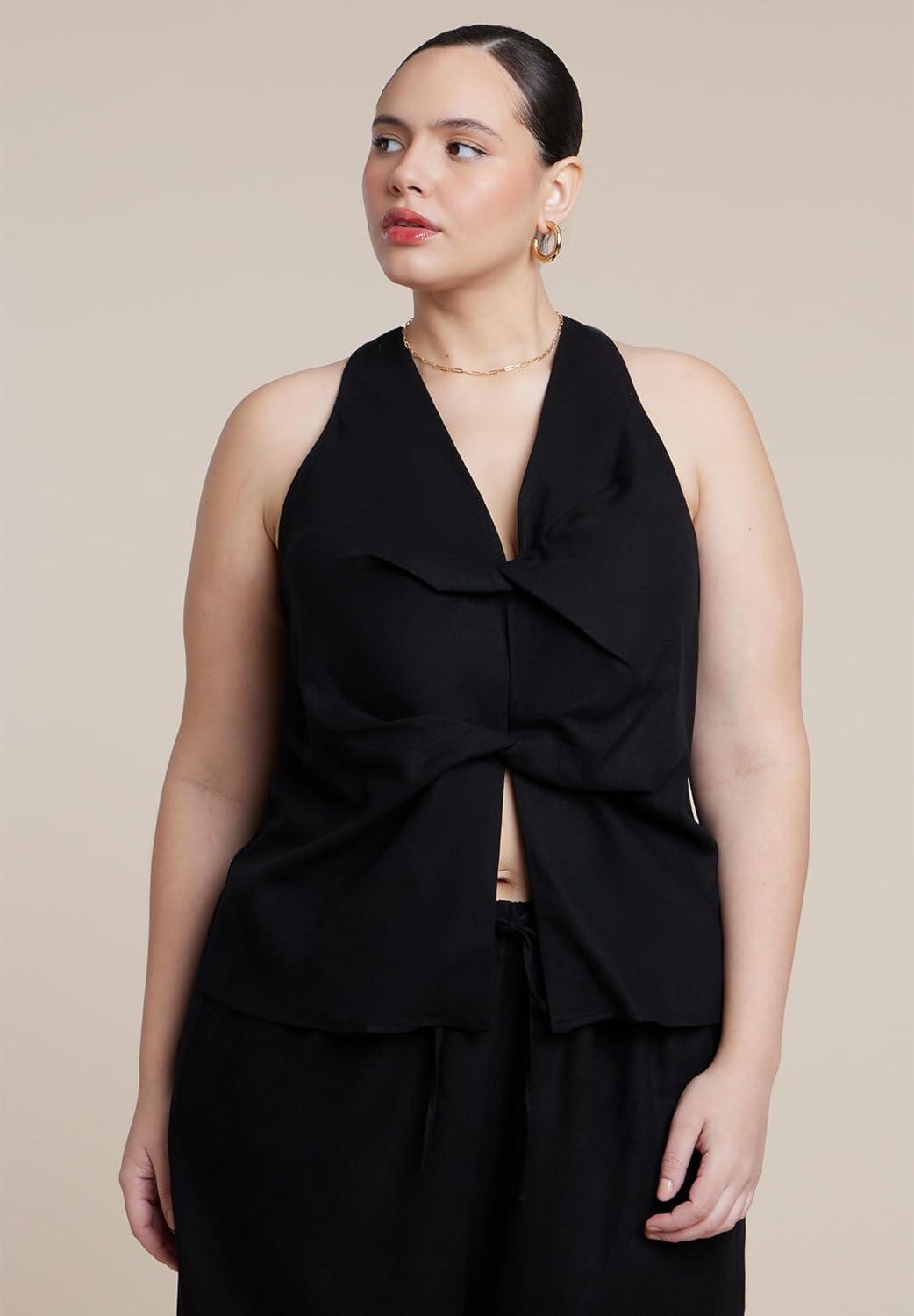 imageELOQUII Womens Plus Size Twisted Linen Halter TopBlack Onyx