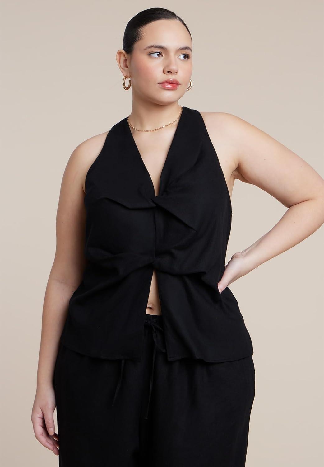 imageELOQUII Womens Plus Size Twisted Linen Halter TopBlack Onyx