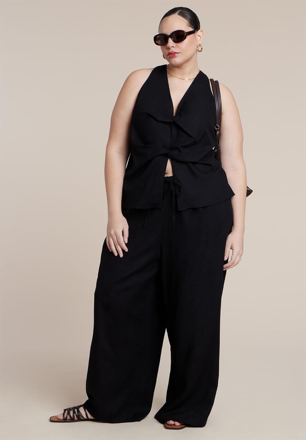 imageELOQUII Womens Plus Size Twisted Linen Halter TopBlack Onyx