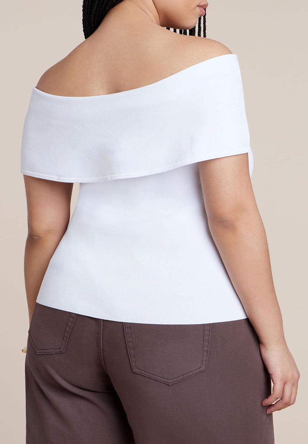 imageELOQUII Womens Plus Size Twisted Off The Shoulder SweaterWhite