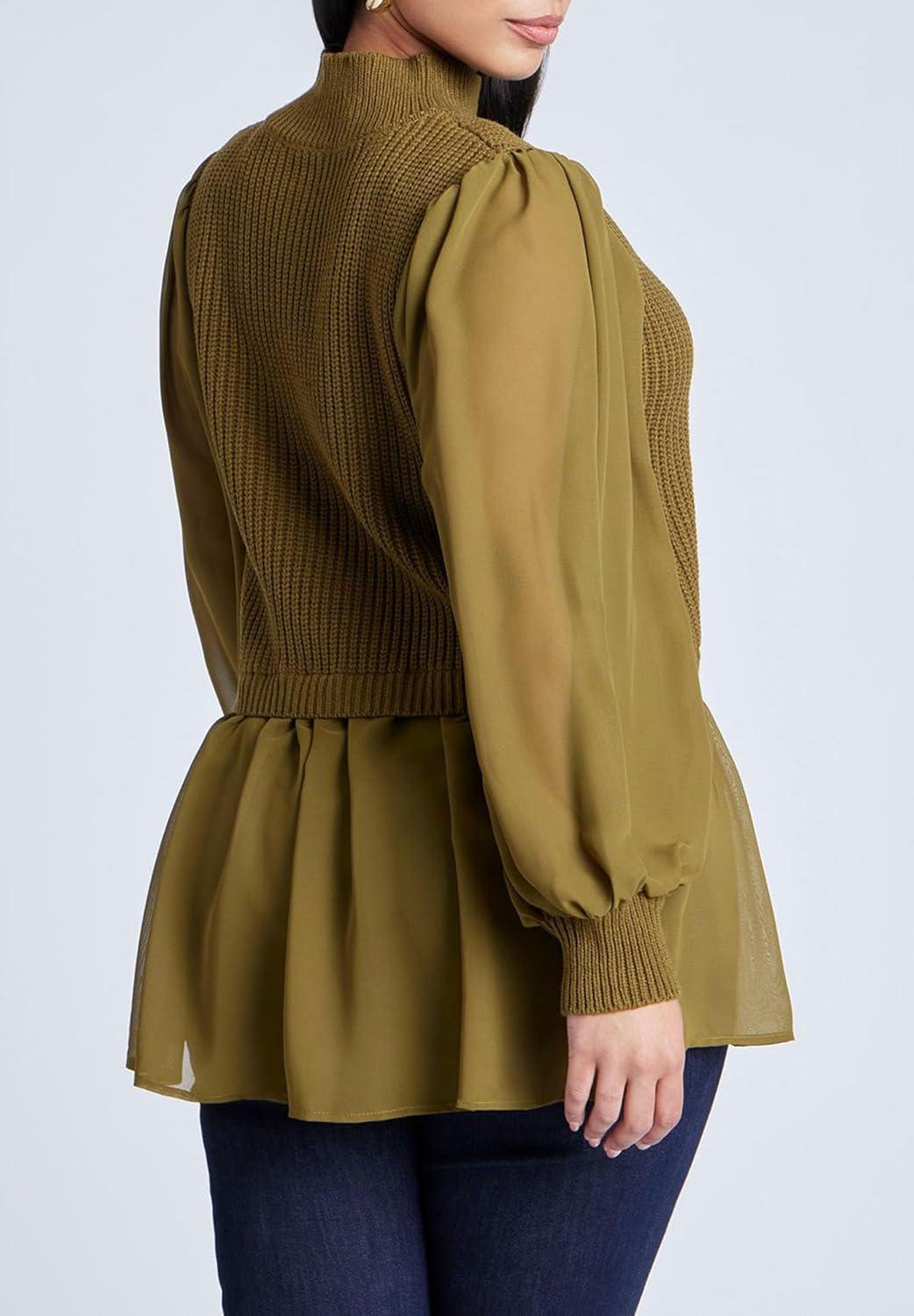 imageELOQUII Womens Plus Size Twofer Sweater with ChiffonFir Green