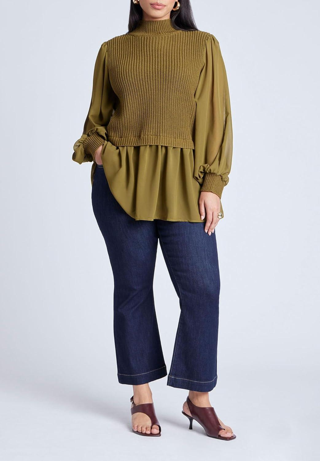 imageELOQUII Womens Plus Size Twofer Sweater with ChiffonFir Green