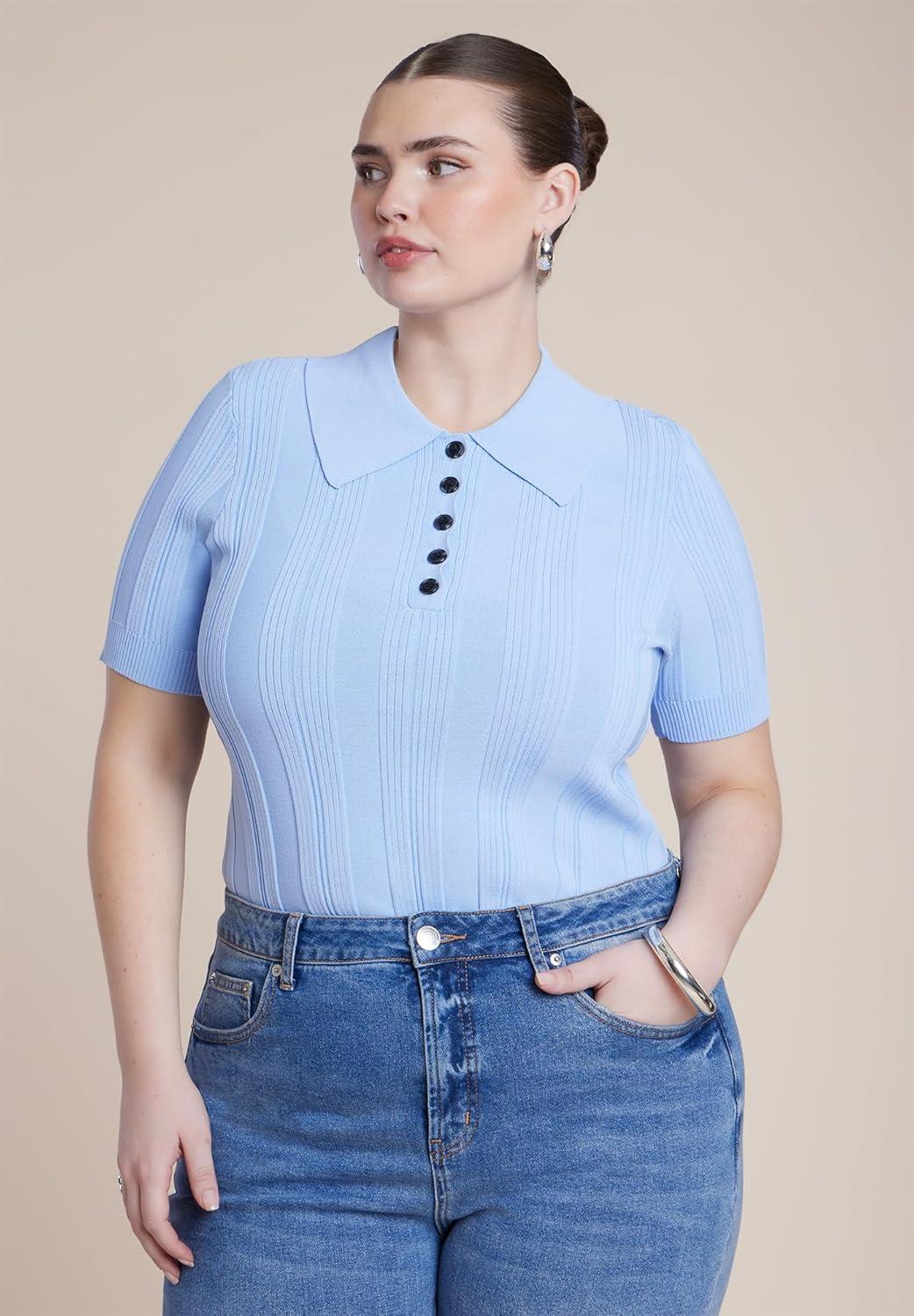 imageELOQUII Womens Plus Size Veriegated Rib Collared SweaterDutch Canal