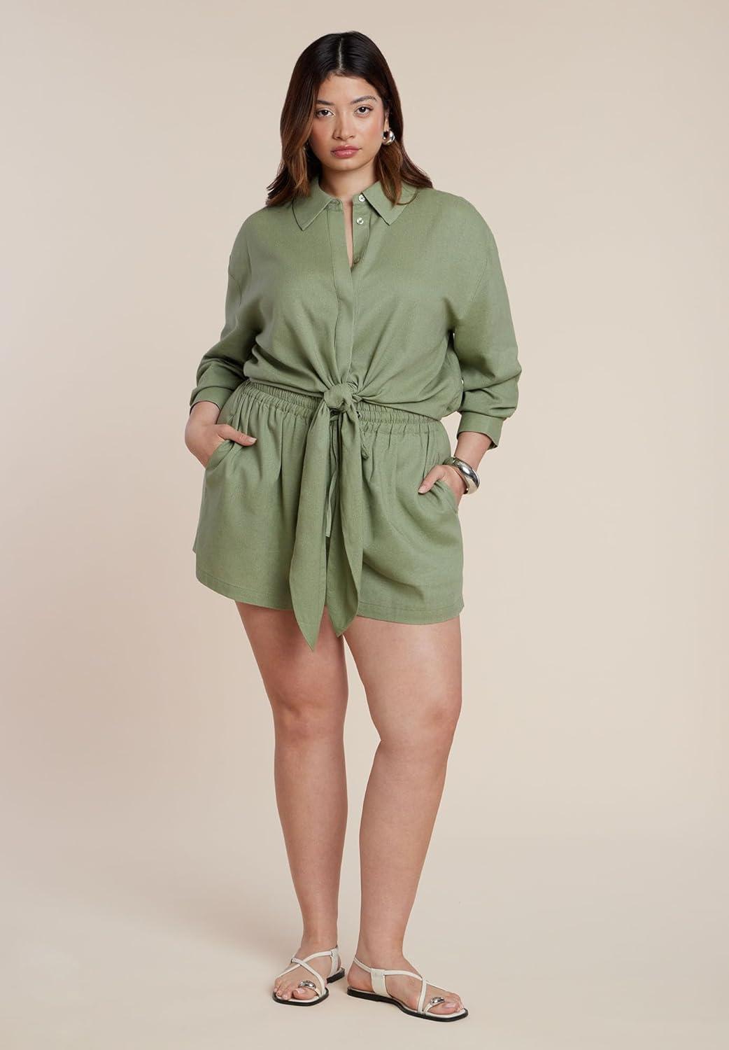 imageELOQUII Womens Plus Size Waist Tie Linen Button Up ShirtIguana