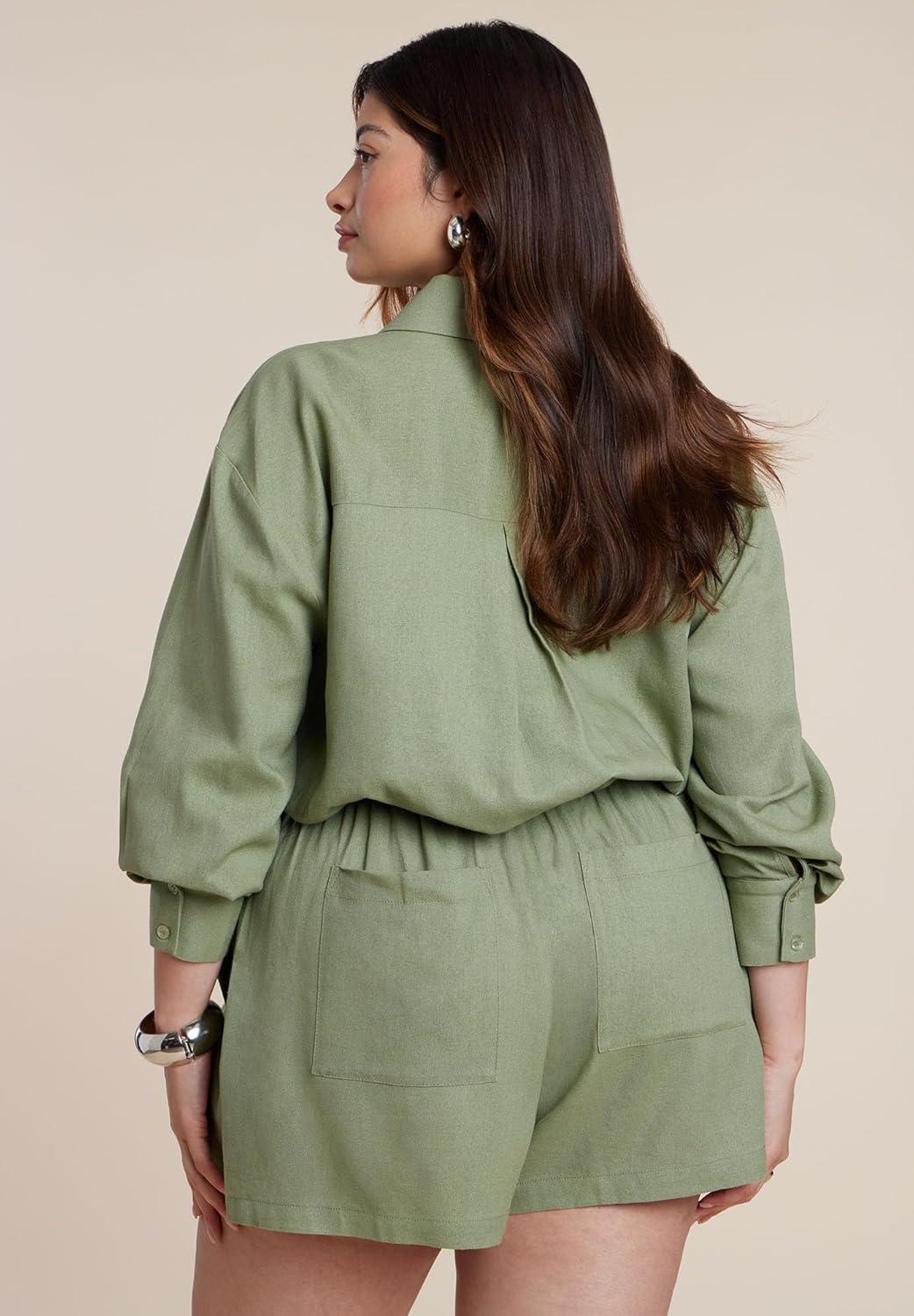 imageELOQUII Womens Plus Size Waist Tie Linen Button Up ShirtIguana