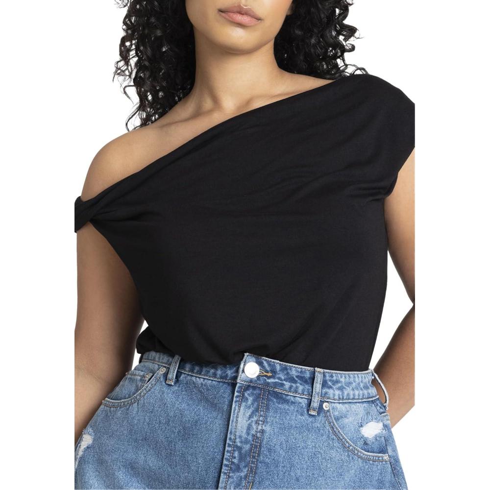 imageELOQUII Womens Plus Size Asym Twist Sleeve TopBlack Onyx