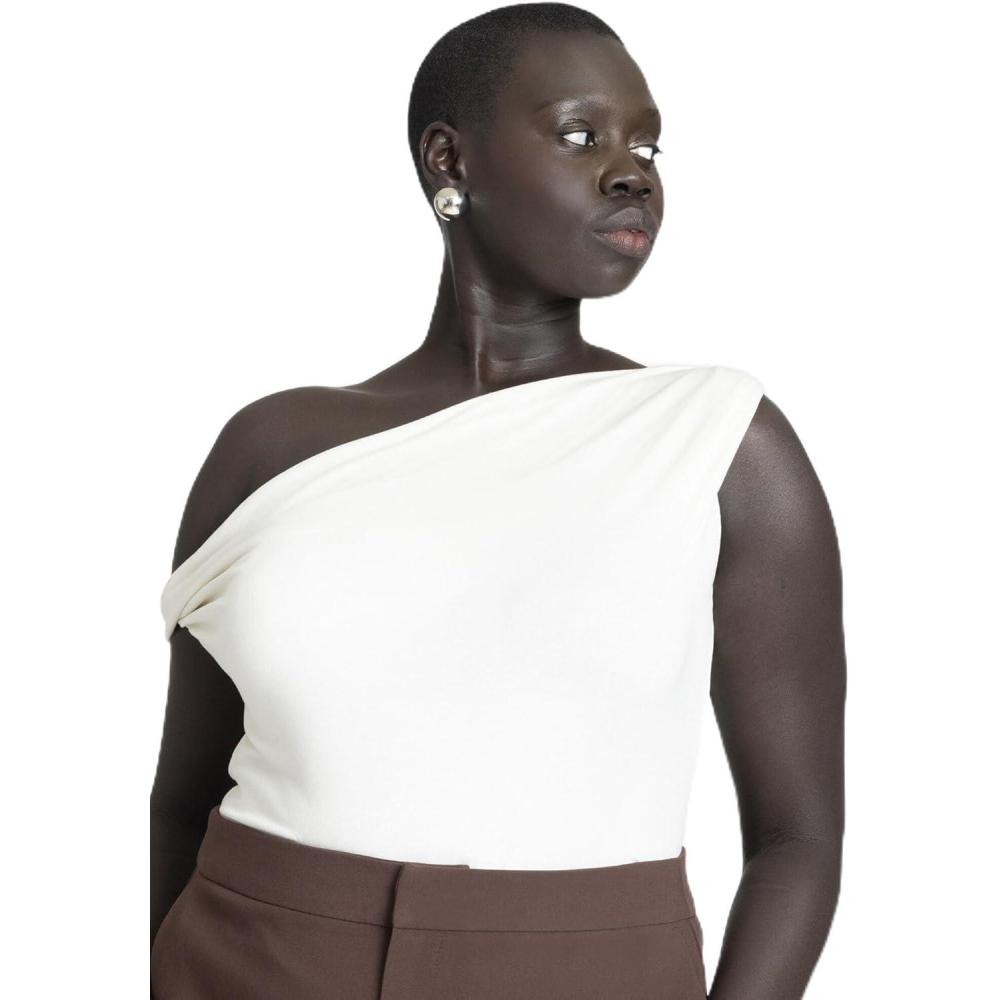 imageELOQUII Womens Plus Size Asym Twist Sleeve TopTofu