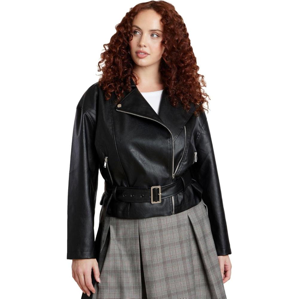 imageELOQUII Womens Plus Size Belted Faux Leather Moto JacketBlack Onyx