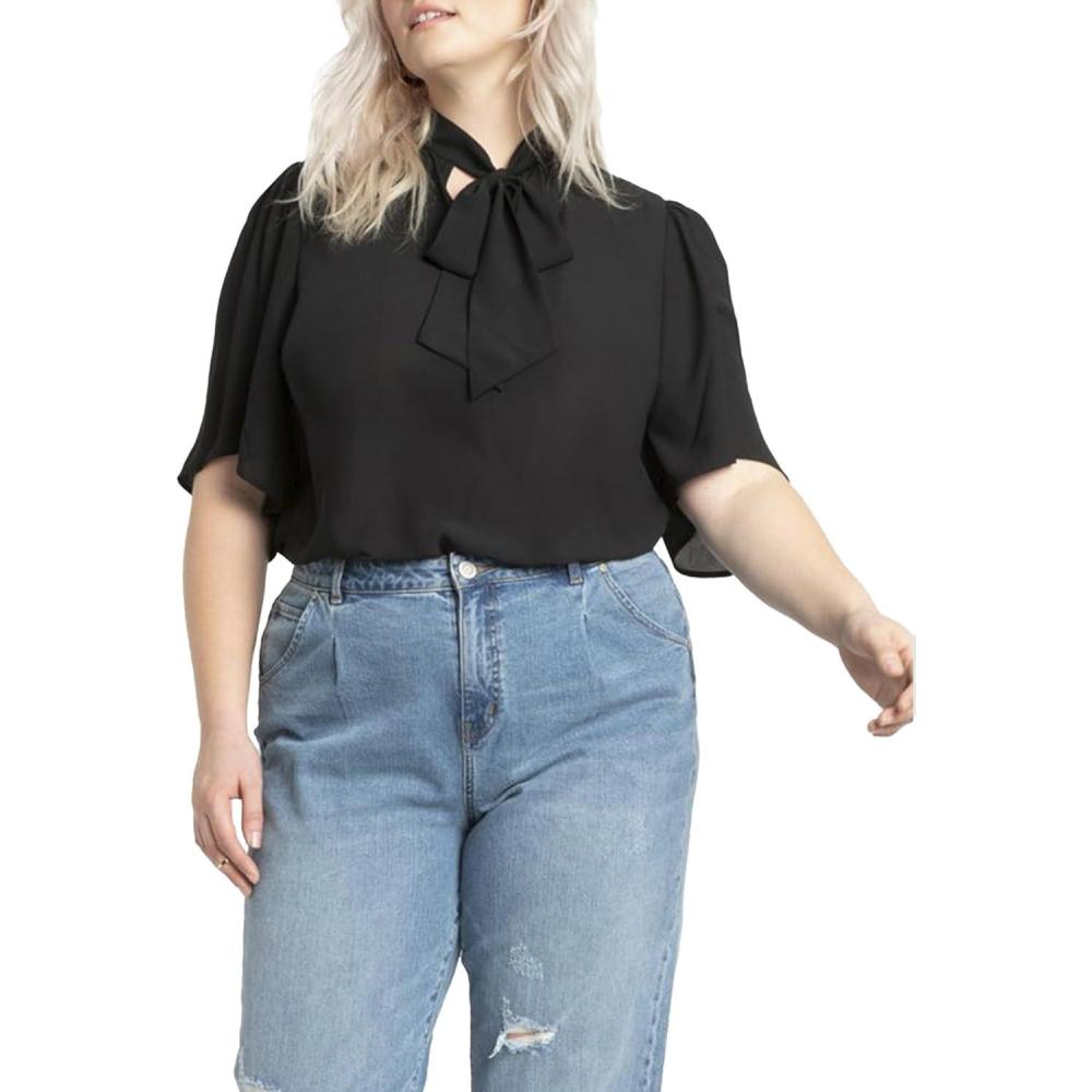 imageELOQUII Womens Plus Size Bow Blouse with Flutter SleeveBlack