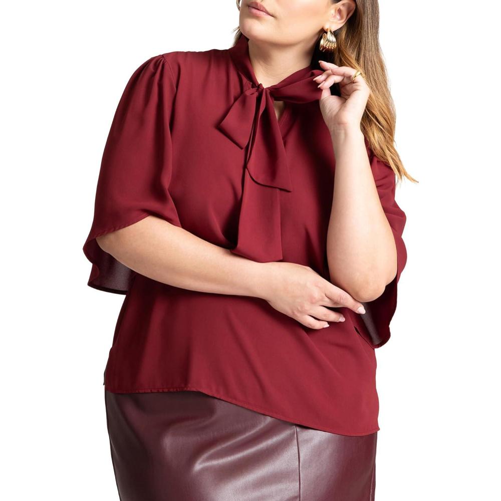 imageELOQUII Womens Plus Size Bow Blouse with Flutter SleeveCabernet