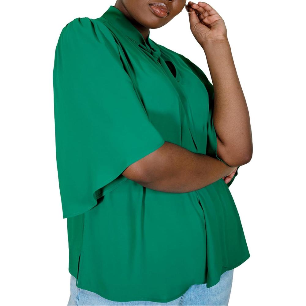 imageELOQUII Womens Plus Size Bow Blouse with Flutter SleeveGreen Lake