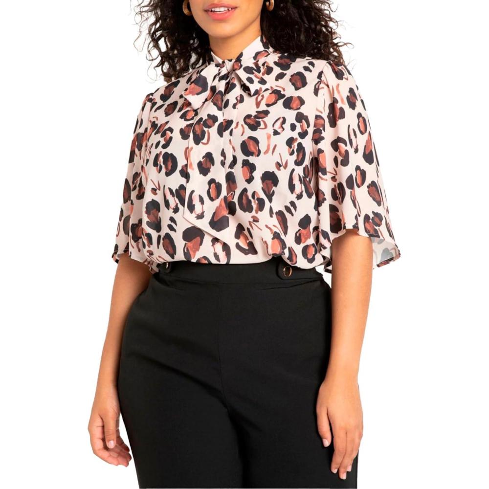 imageELOQUII Womens Plus Size Bow Blouse with Flutter SleevePanther