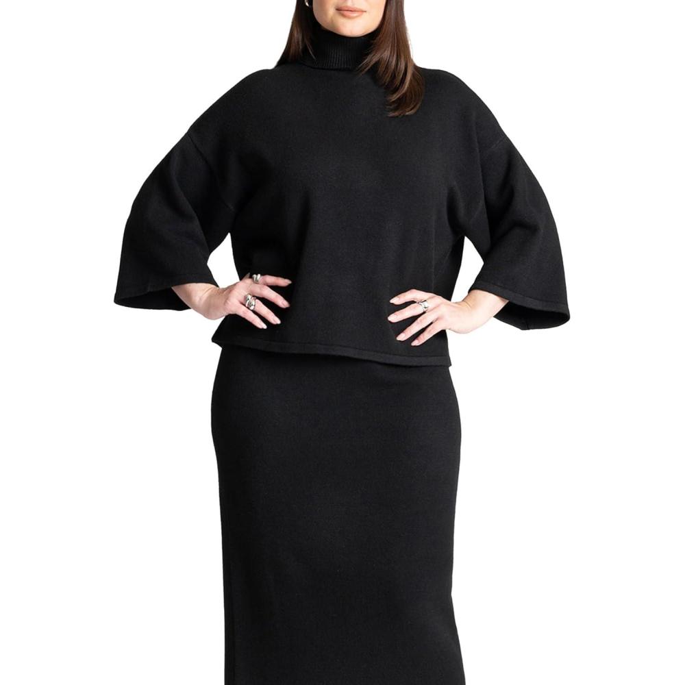 imageELOQUII Womens Plus Size Boxy Three Quarter Sleeve TurtleneckBlack Onyx