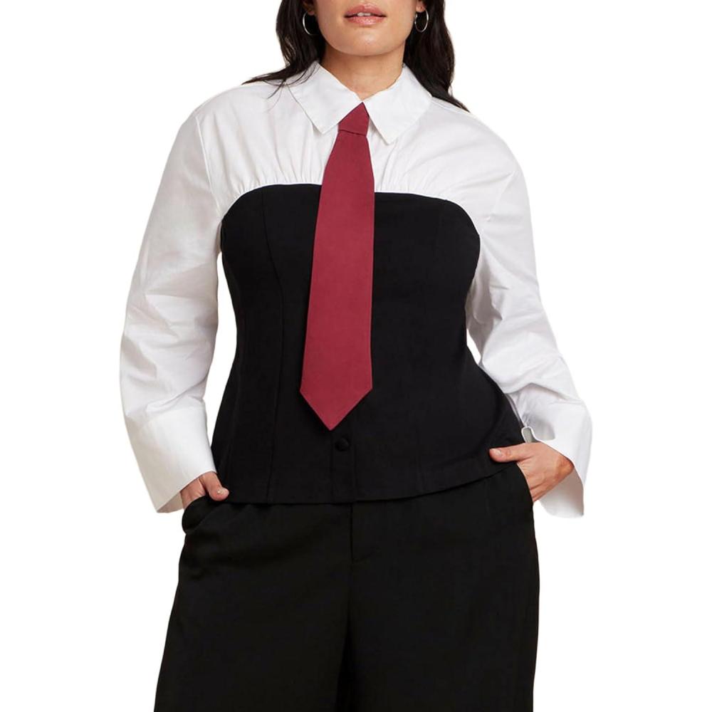 imageELOQUII Womens Plus Size Bustier Button Up TwoferBlack White