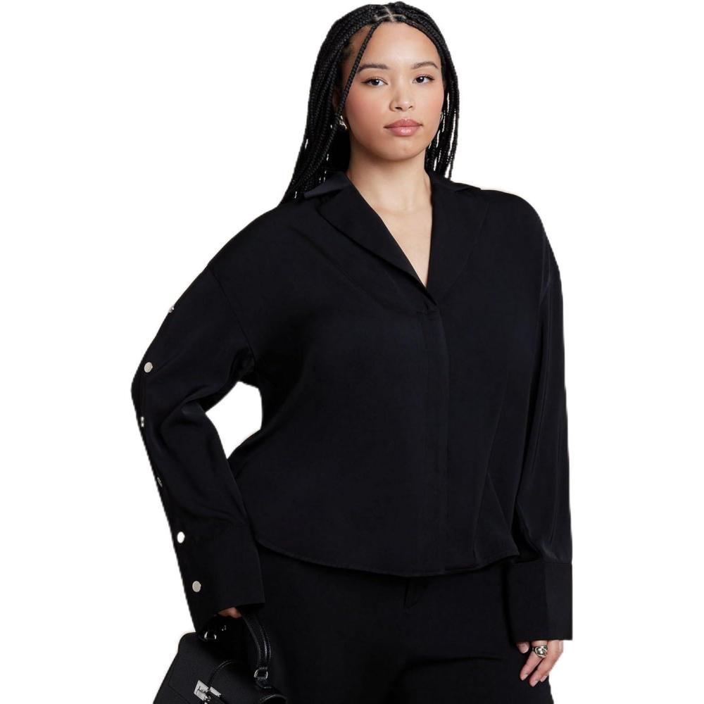 imageELOQUII Womens Plus Size Button Sleeve TopBlack Onyx