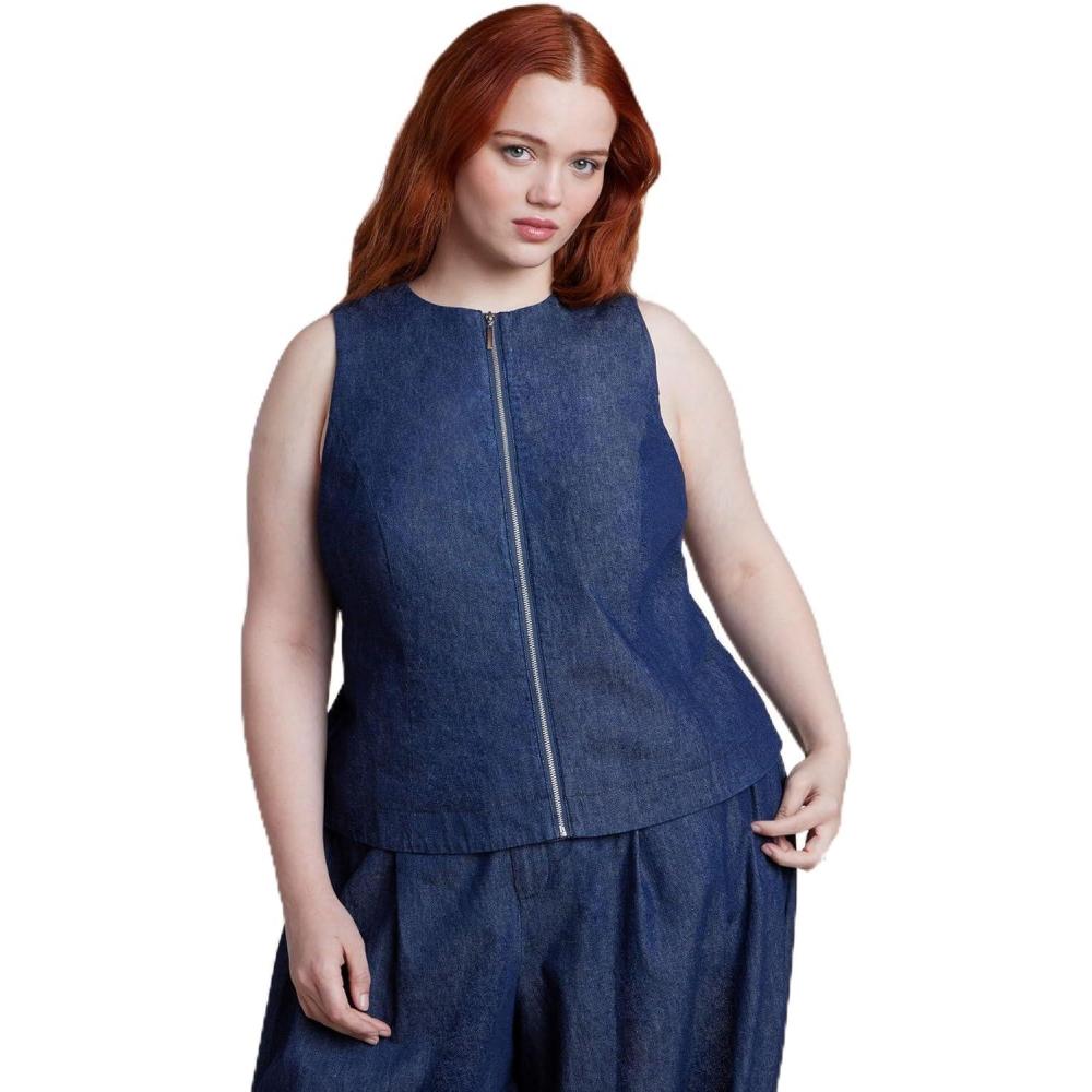 imageELOQUII Womens Plus Size Chambray Zip Up TopDark Wash