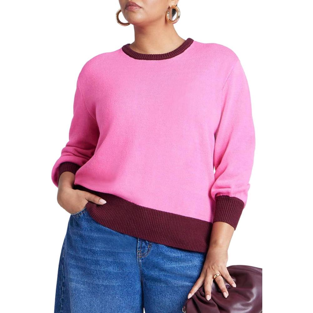 imageELOQUII Womens Plus Size Contrast Rib SweaterCandy Pink Maroon Banner