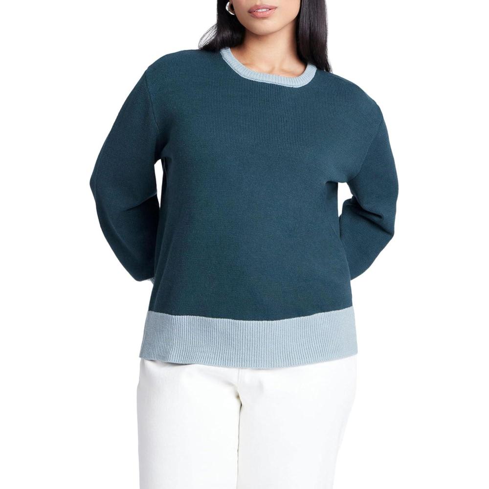 imageELOQUII Womens Plus Size Contrast Rib SweaterRain Forest Green Mineral Blue