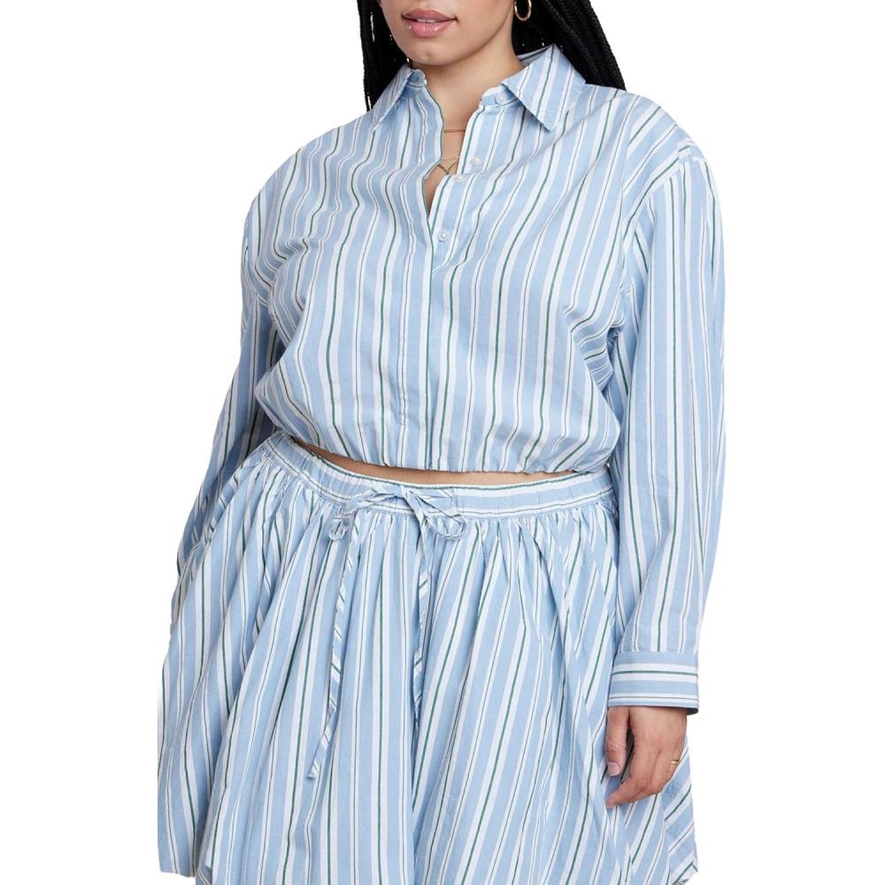 imageELOQUII Womens Plus Size Cropped Button Up Poplin TopPool Stripe