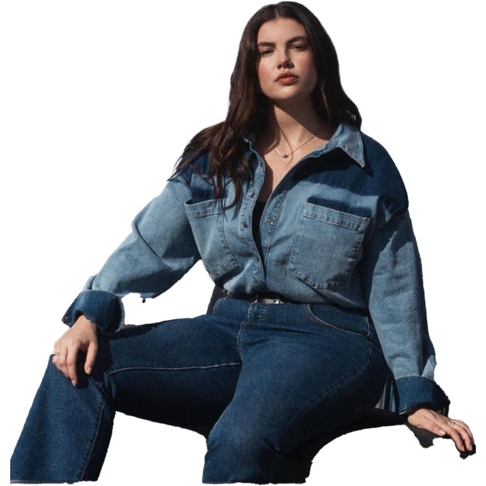 imageELOQUII Womens Plus Size Denim Trucker Shirt