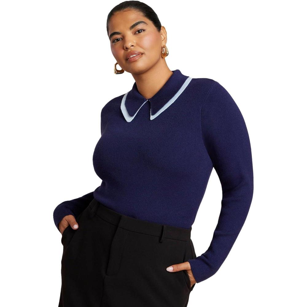 imageELOQUII Womens Plus Size Double Collared SweaterMaritime Blue