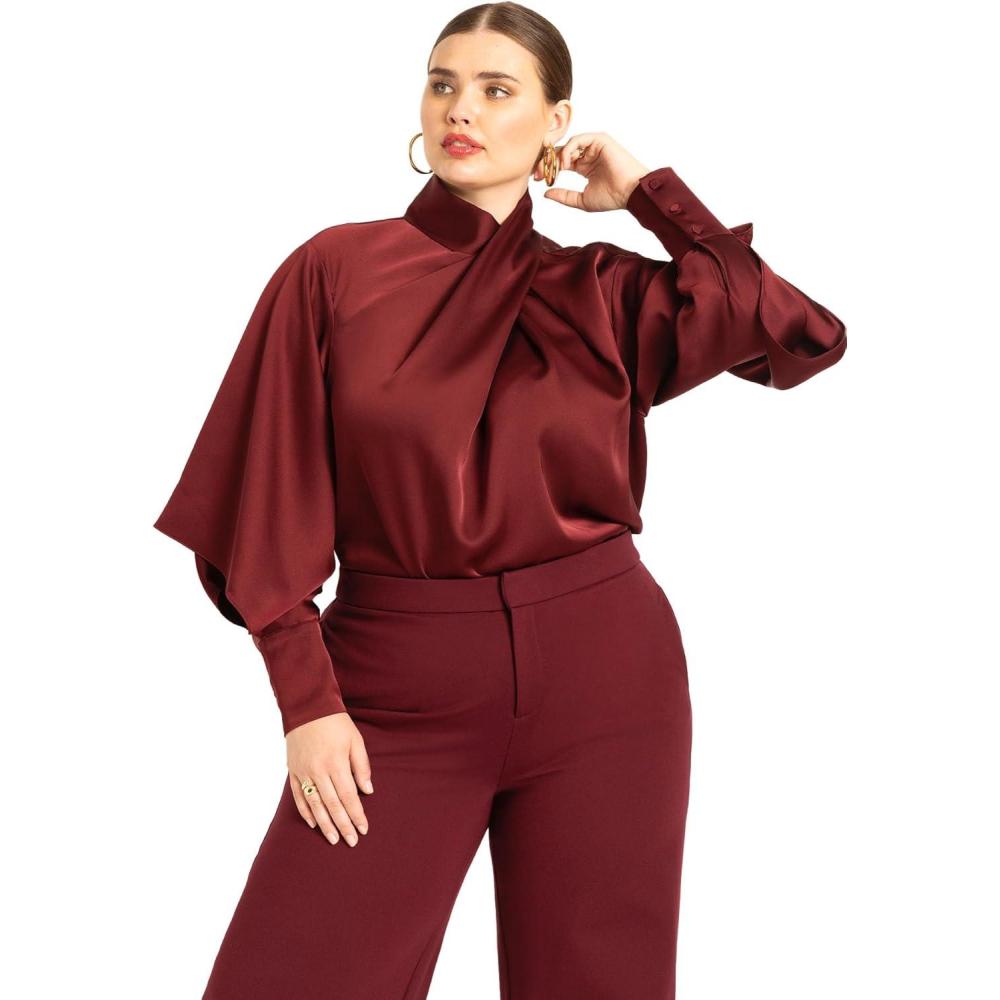 imageELOQUII Womens Plus Size Draped Neck Satin BlouseZinfandel