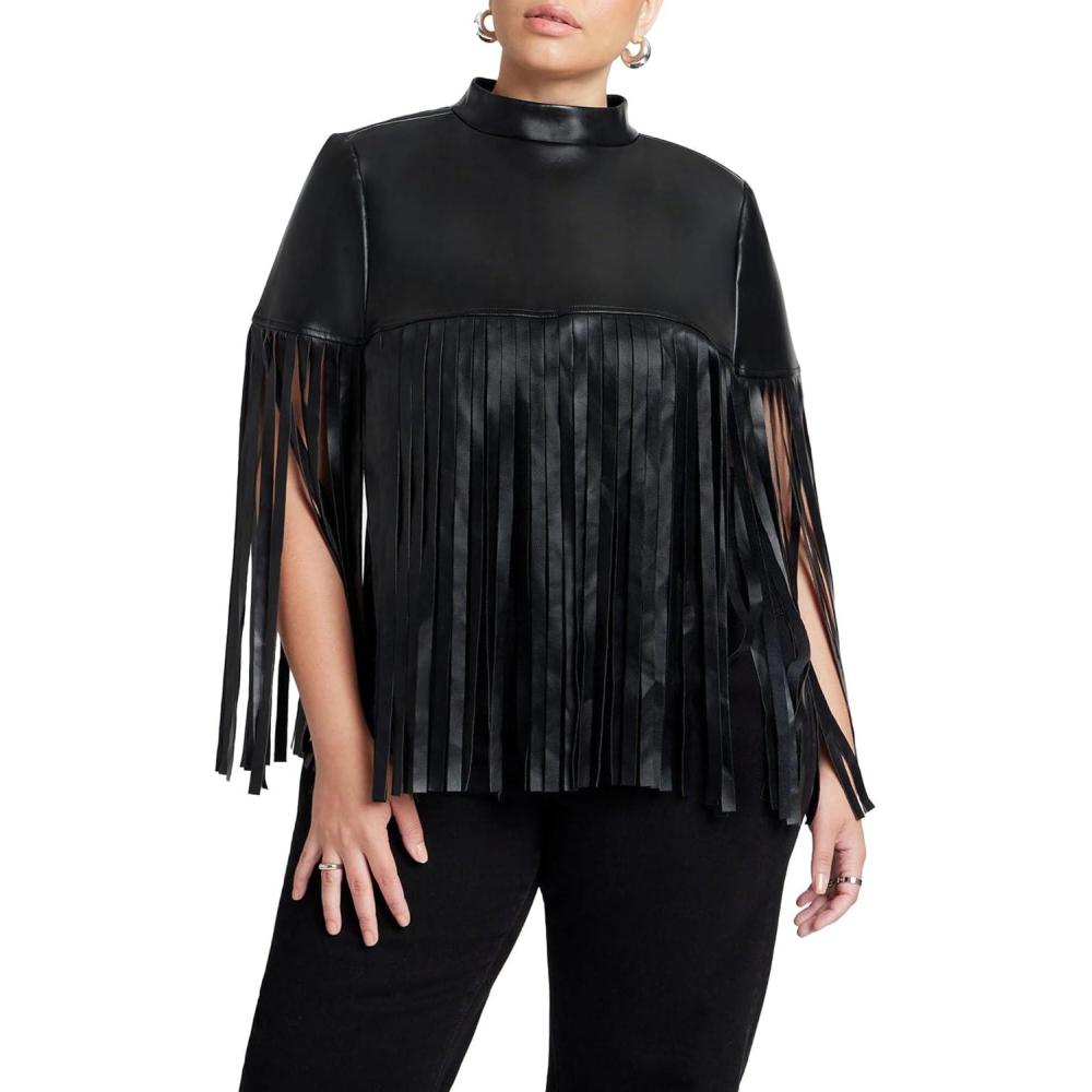 imageELOQUII Womens Plus Size Faux Leather Fringe CapeBlack Onyx