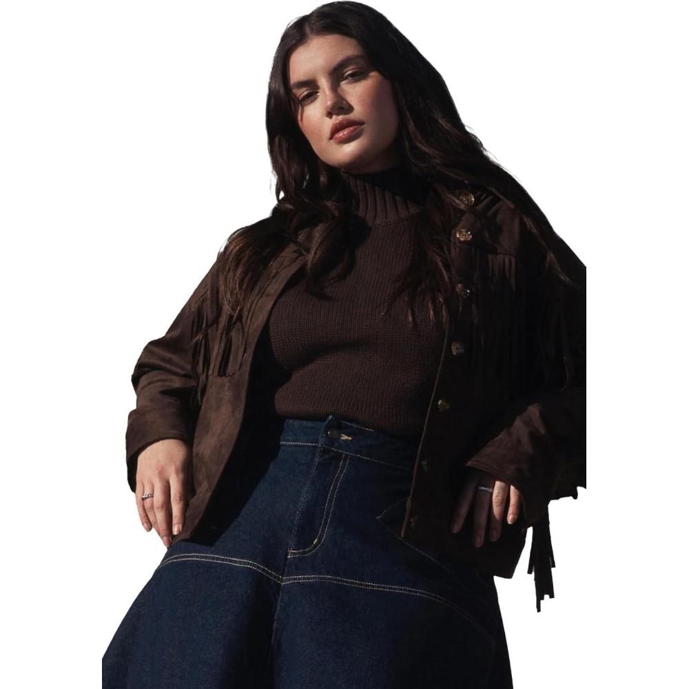 imageELOQUII Womens Plus Size Faux Suede Fringe JacketChocolate Brown