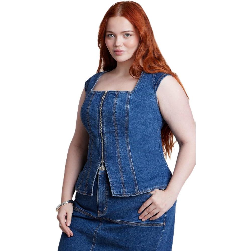 imageELOQUII Womens Plus Size Fitted Square Neck Denim TopMedium Wash