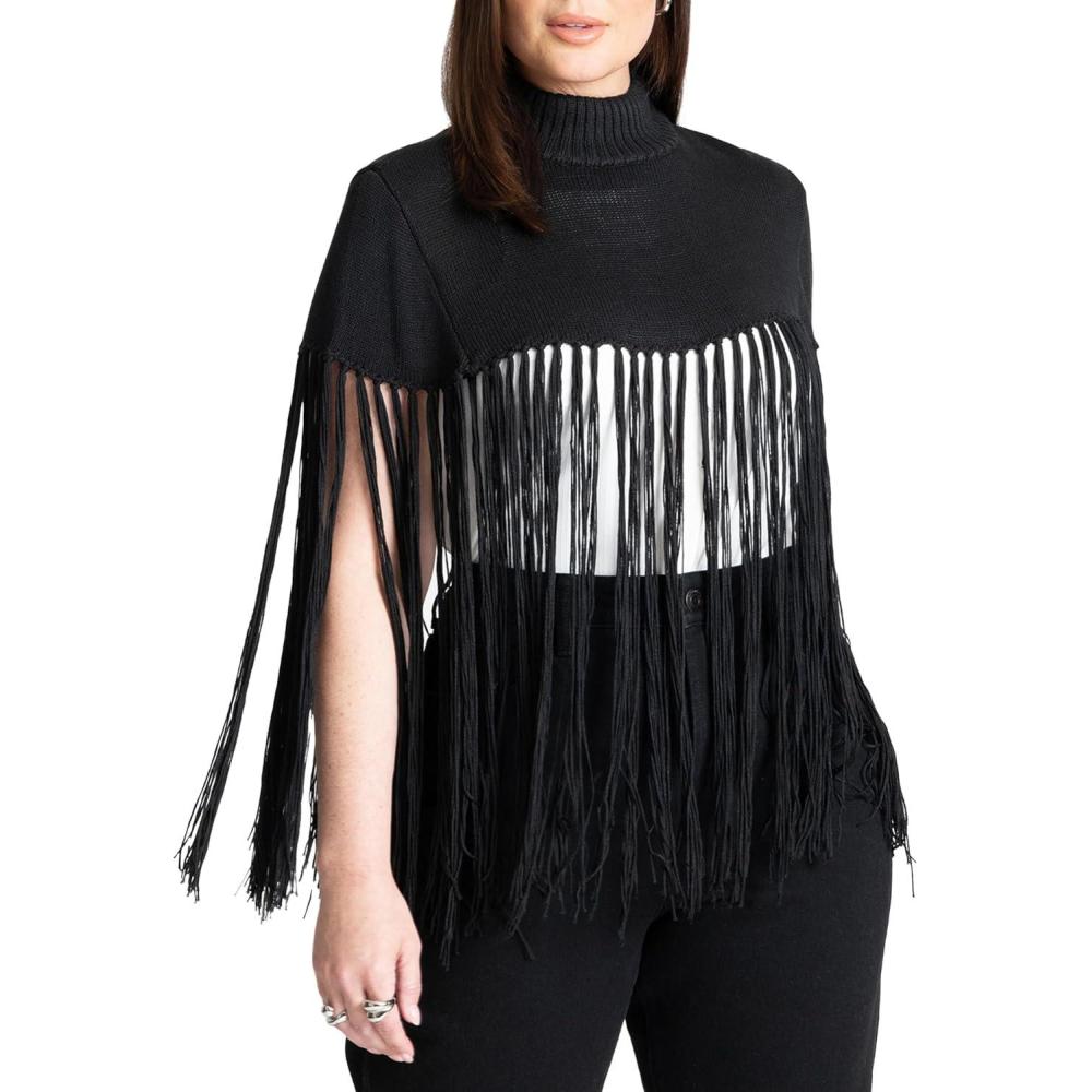 imageELOQUII Womens Plus Size Fringe Half SweaterBlack Onyx