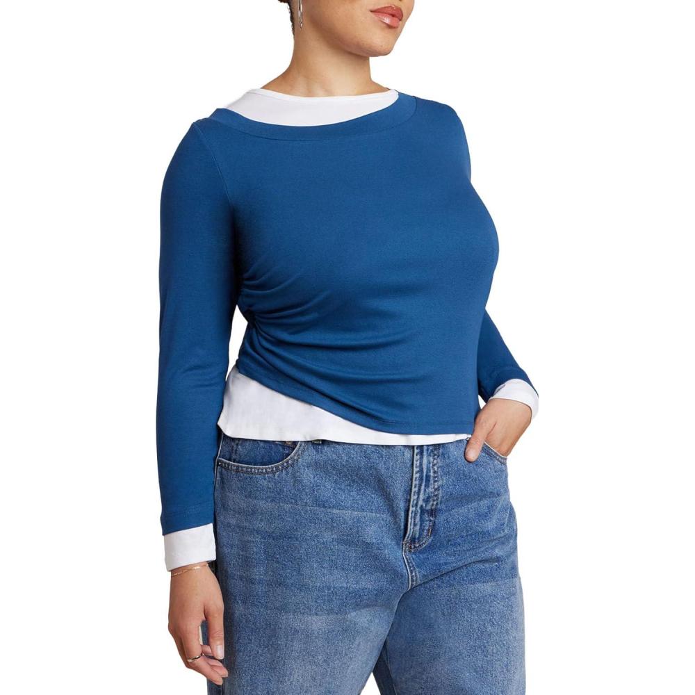 imageELOQUII Womens Plus Size Layered Long Sleeve TopStorm Blue and White