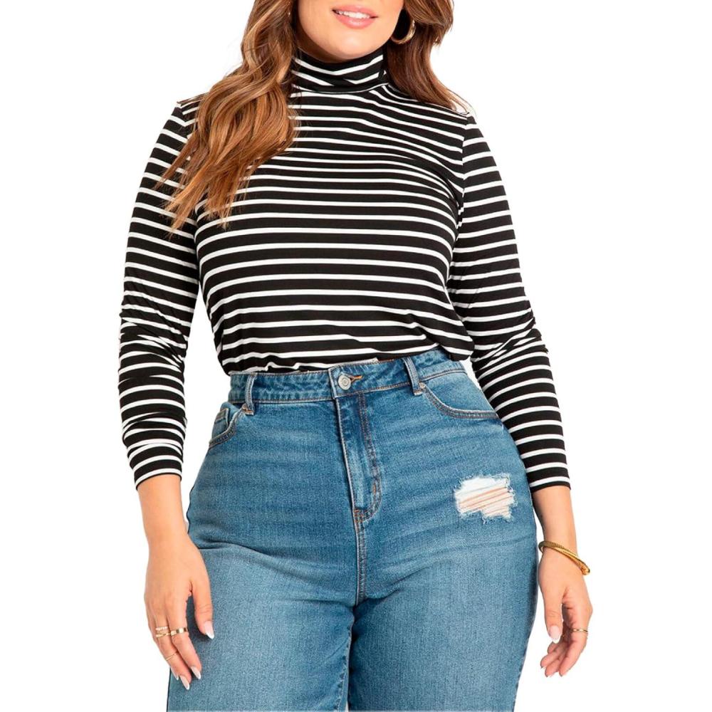 imageELOQUII Womens Plus Size Layering TurtleneckBlack White Stripe