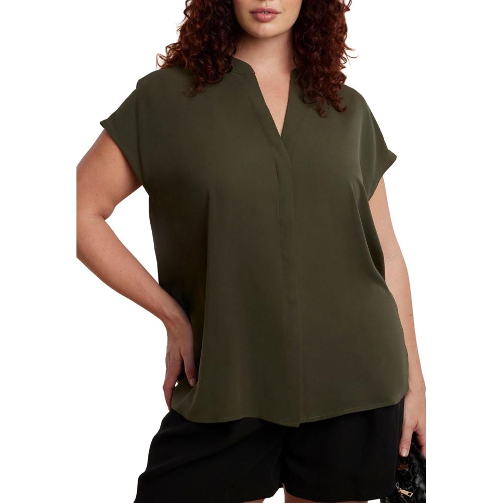 imageELOQUII Womens Plus Size Notch Collar BlouseDark Forest Green