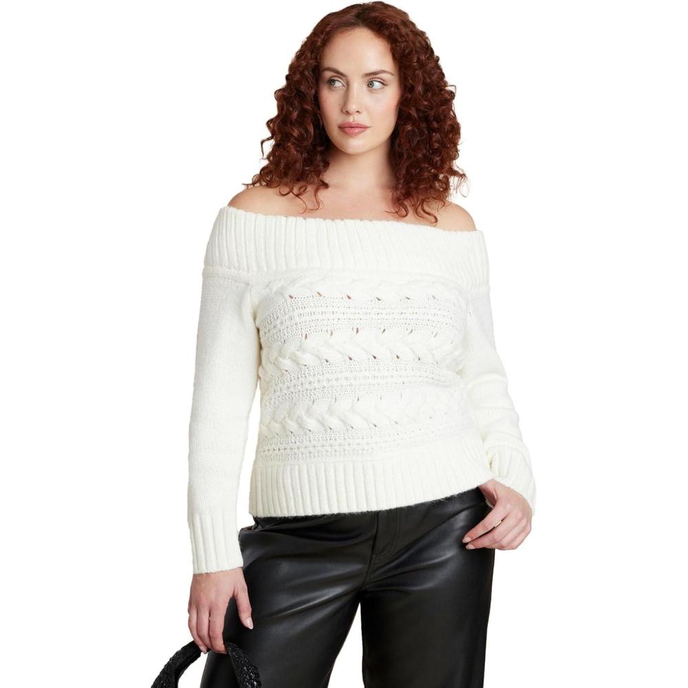 imageELOQUII Womens Plus Size Off The Shoulder Cableknit SweaterJet Stream