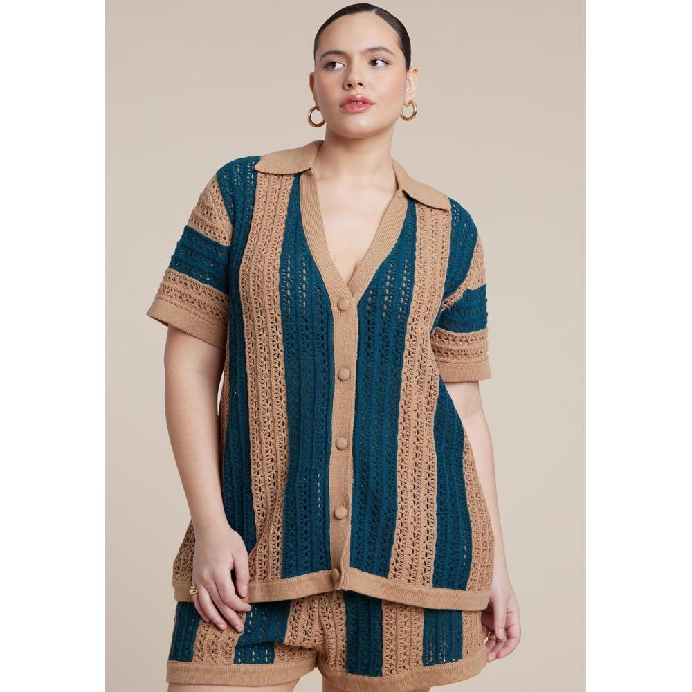 imageELOQUII Womens Plus Size Oversized Crochet Button Up Top