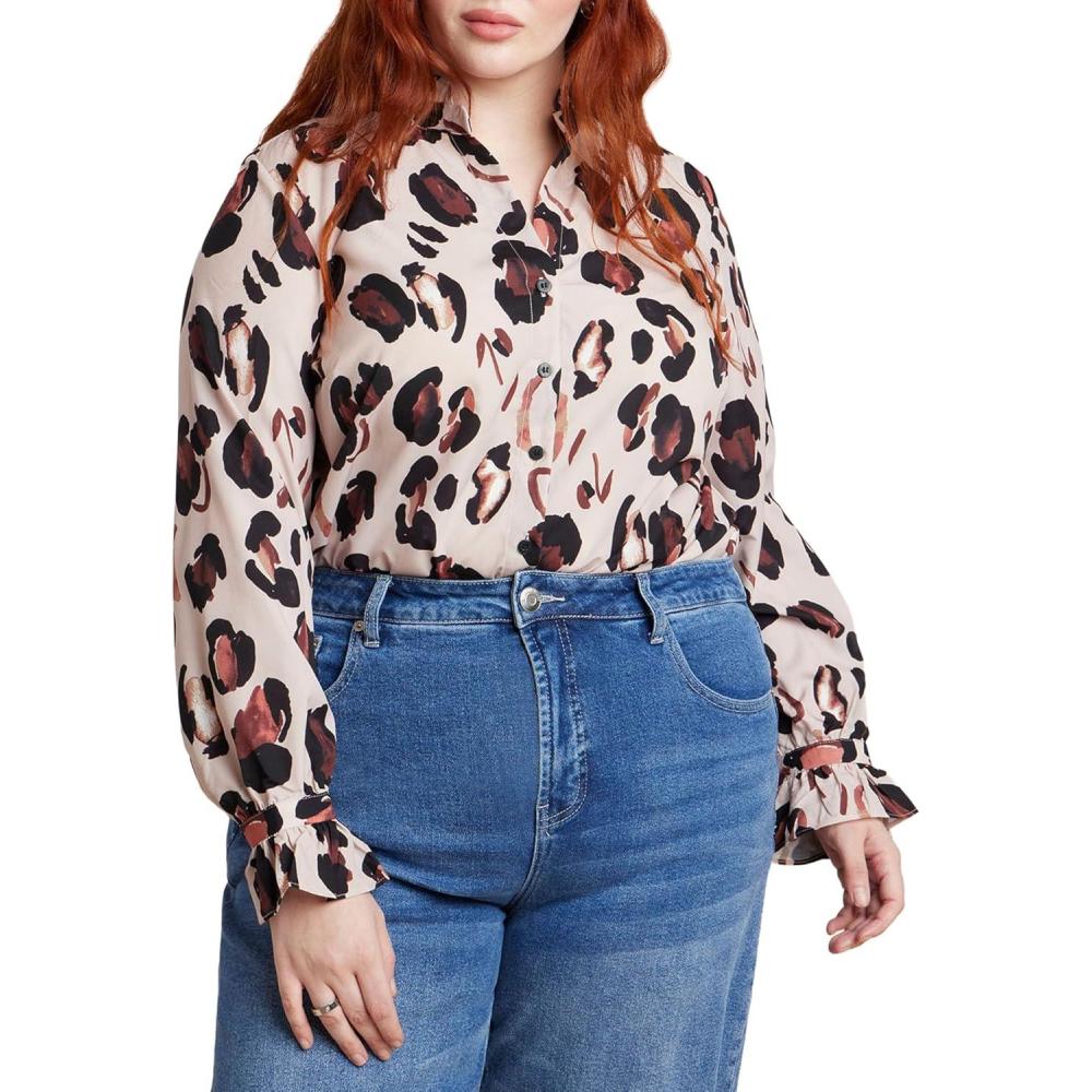 imageELOQUII Womens Plus Size Printed Button Down Shirt with Ruffle NeckPanthera