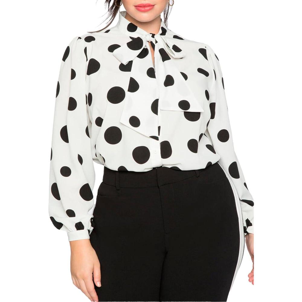 imageELOQUII Womens Plus Size Printed Tie Neck BlouseSoft White Ground